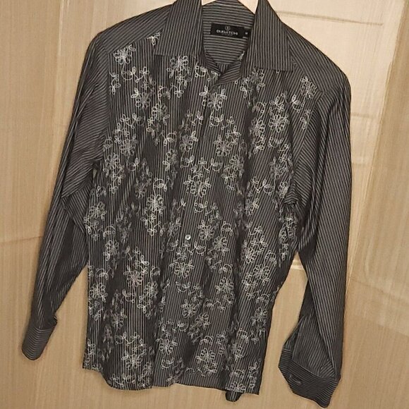 Bugatchi Uomo Grey White Pinstripe Floral Embroidery Button Down Medium - Picture 1 of 6